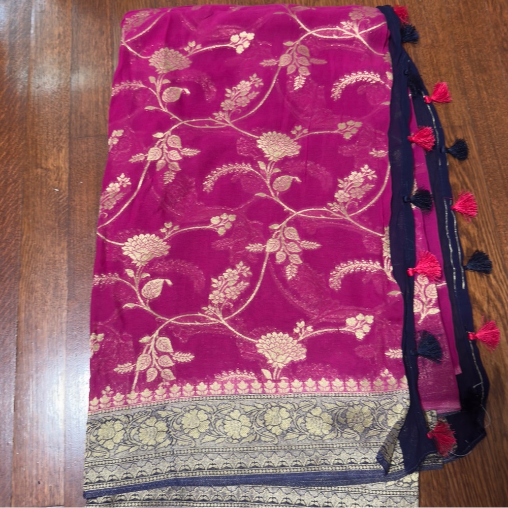 Elegant Pink and Gold Chiffon Banaras Saree